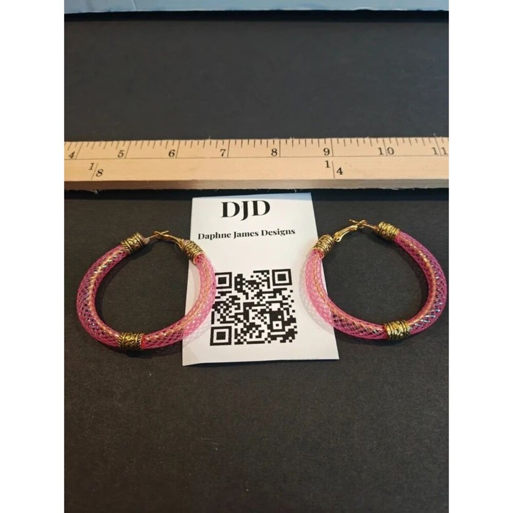 Handmade Pink Mesh Tube Hoop Earrings | Gold Bead Accents